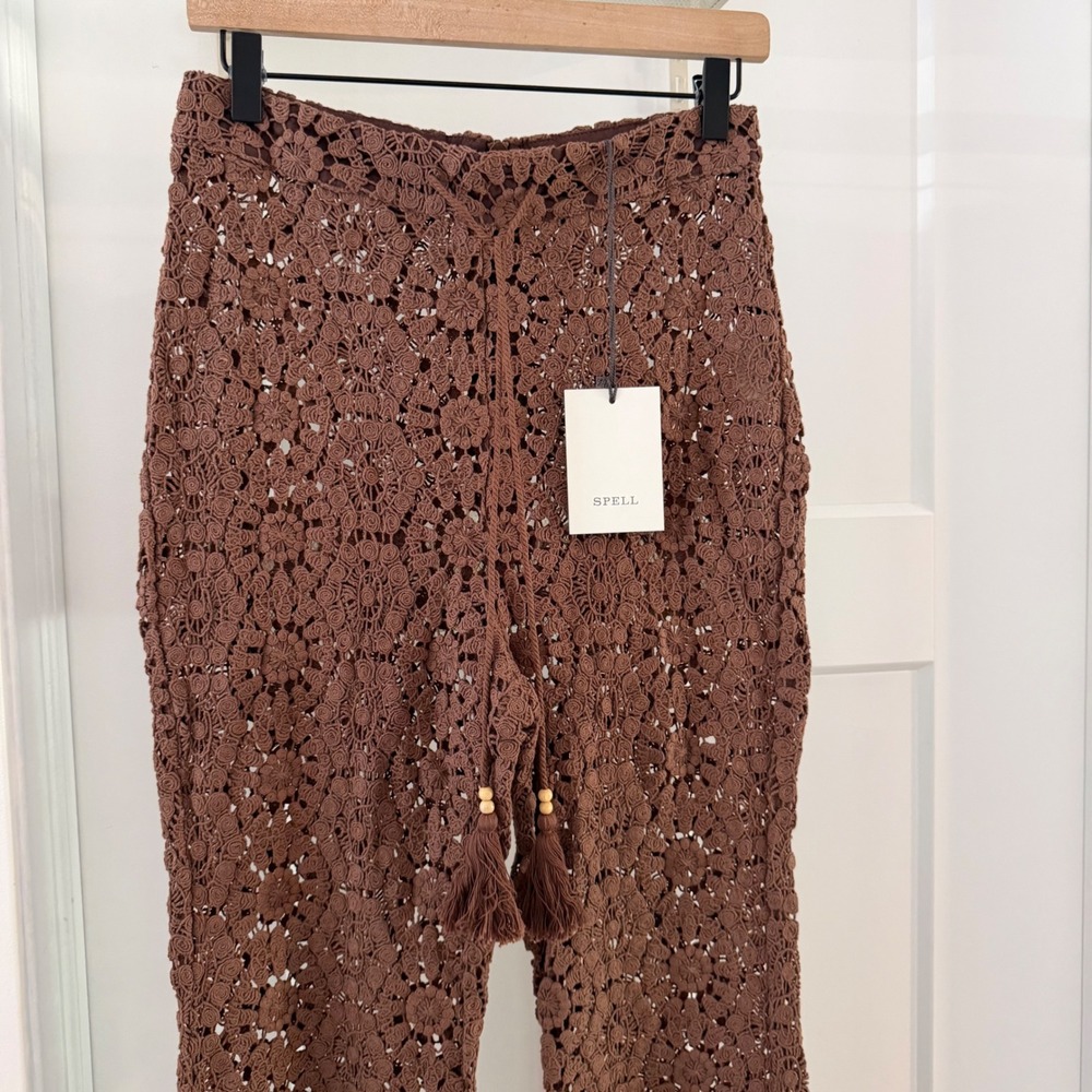 Spell & the Gypsy Helena Crochet Lace Bells Chocolate Brown Flare Pants Boho M - Picture 2 of 10